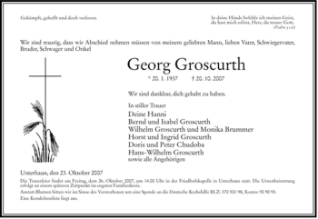 Traueranzeige von Georg Groscurth von HERSFELDER ZEITUNG