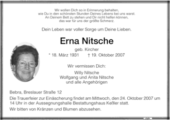 Traueranzeige von Erna Nitsche von HERSFELDER ZEITUNG