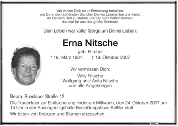 Traueranzeige von Erna Nitsche von HERSFELDER ZEITUNG