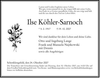 Traueranzeige von Ilse Köhler-Sarnoch von HERSFELDER ZEITUNG
