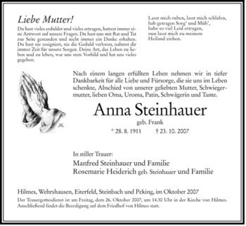 Traueranzeige von Anna Steinhauer von HERSFELDER ZEITUNG