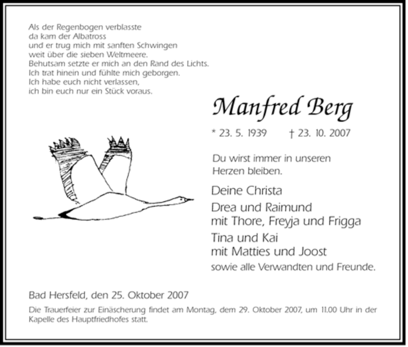  Traueranzeige für Manfred Berg vom 25.10.2007 aus HERSFELDER ZEITUNG