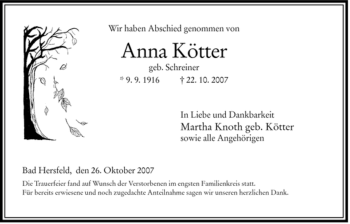 Traueranzeige von Anna Koetter von HERSFELDER ZEITUNG