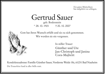 Traueranzeige von Gertrud Sauer von HERSFELDER ZEITUNG