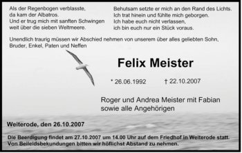 Traueranzeige von Felix Meister von HERSFELDER ZEITUNG