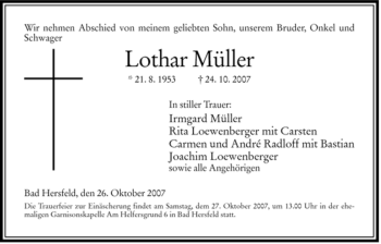 Traueranzeige von Lothar Mueller von HERSFELDER ZEITUNG