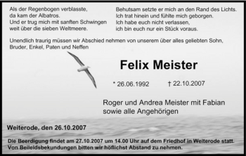 Traueranzeige von Felix Meister von HERSFELDER ZEITUNG