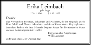 Traueranzeige von Erika Leimbach von HERSFELDER ZEITUNG