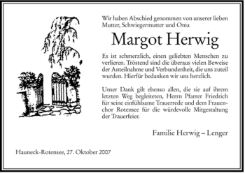 Traueranzeige von Margot Herwig von HERSFELDER ZEITUNG