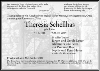 Traueranzeige von Theresia Schellhas von HERSFELDER ZEITUNG