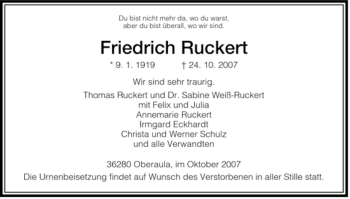 Traueranzeige von Friedrich Ruckert von HERSFELDER ZEITUNG