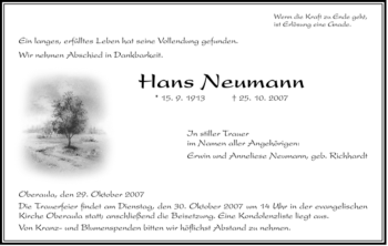 Traueranzeige von Hans Neumann von HERSFELDER ZEITUNG