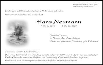 Traueranzeige von Hans Neumann von HERSFELDER ZEITUNG