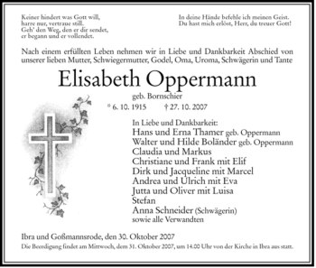 Traueranzeige von Elisabeth Oppermann von HERSFELDER ZEITUNG