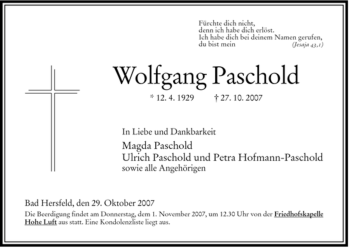 Traueranzeige von Wolfgang Paschold von HERSFELDER ZEITUNG