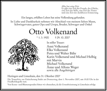 Traueranzeige von Otto Volkenand von HERSFELDER ZEITUNG
