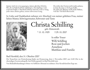 Traueranzeige von Christa Schilling von HERSFELDER ZEITUNG