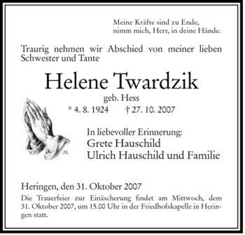 Traueranzeige von Helene Twardzik von HERSFELDER ZEITUNG