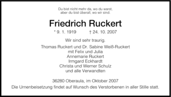 Traueranzeige von Friedrich Ruckert von HERSFELDER ZEITUNG