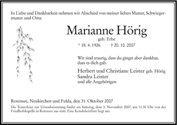 Traueranzeige von Marianne Hörig von HERSFELDER ZEITUNG