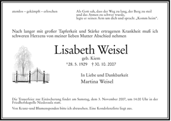 Traueranzeige von Lisabeth Weisel von HERSFELDER ZEITUNG