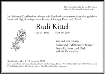 Traueranzeige von Rudolf Kittel von HERSFELDER ZEITUNG