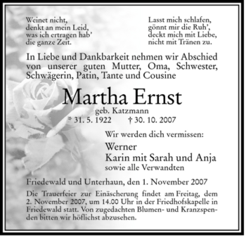 Traueranzeige von Martha Ernst von HERSFELDER ZEITUNG