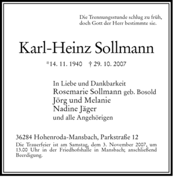 Traueranzeige von Karl-Heinz Sollmann von HERSFELDER ZEITUNG