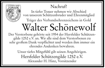 Traueranzeige von Walter Schönewolf von HERSFELDER ZEITUNG