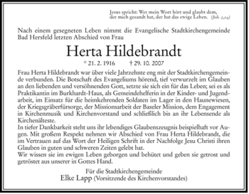 Traueranzeige von Herta Hildebrandt von HERSFELDER ZEITUNG