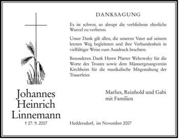 Traueranzeige von Johannes Heinrich Linnemann von HERSFELDER ZEITUNG