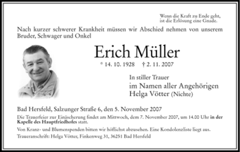Traueranzeige von Erich Müller von HERSFELDER ZEITUNG