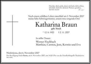 Traueranzeige von Katharina Braun von HERSFELDER ZEITUNG