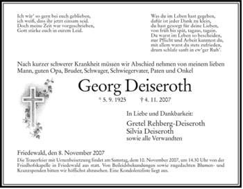 Traueranzeige von Georg Deiseroth von HERSFELDER ZEITUNG