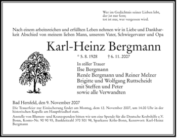 Traueranzeige von Karl-Heinz Bergmann von HERSFELDER ZEITUNG