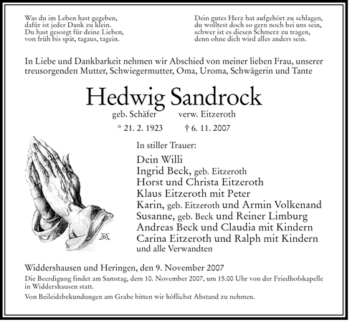 Traueranzeige von Hedwig Sandrock von HERSFELDER ZEITUNG