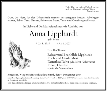 Traueranzeige von Anna Lipphardt von HERSFELDER ZEITUNG