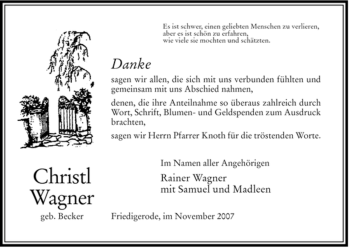 Traueranzeige von Christl Wagner von HERSFELDER ZEITUNG