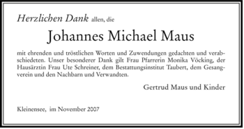 Traueranzeige von Johannes Michael Maus von HERSFELDER ZEITUNG