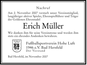 Traueranzeige von Erich Müller von HERSFELDER ZEITUNG
