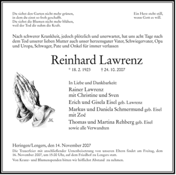 Traueranzeige von Reinhard Lawrenz von HERSFELDER ZEITUNG