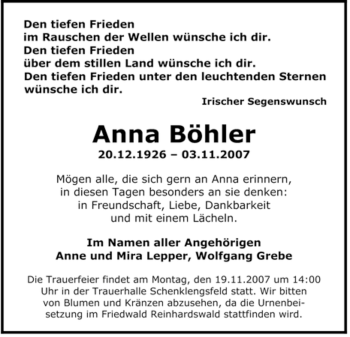 Traueranzeige von Anna Boehler von HERSFELDER ZEITUNG