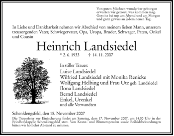 Traueranzeige von Heinrich Landsiedel von HERSFELDER ZEITUNG