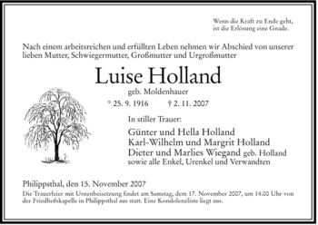 Traueranzeige von Luise Holland von HERSFELDER ZEITUNG