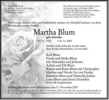 Traueranzeige von Martha Blum von HERSFELDER ZEITUNG