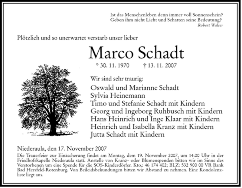  Traueranzeige für Marco Schadt vom 17.11.2007 aus HERSFELDER ZEITUNG
