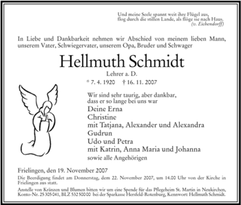 Traueranzeige von Hellmuth Schmidt von HERSFELDER ZEITUNG