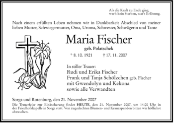 Traueranzeige von Maria Fischer von HERSFELDER ZEITUNG