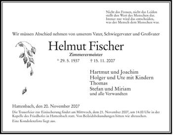 Traueranzeige von Helmut Fischer von HERSFELDER ZEITUNG