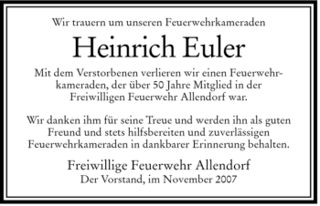 Traueranzeige von Heinrich Euler von HERSFELDER ZEITUNG